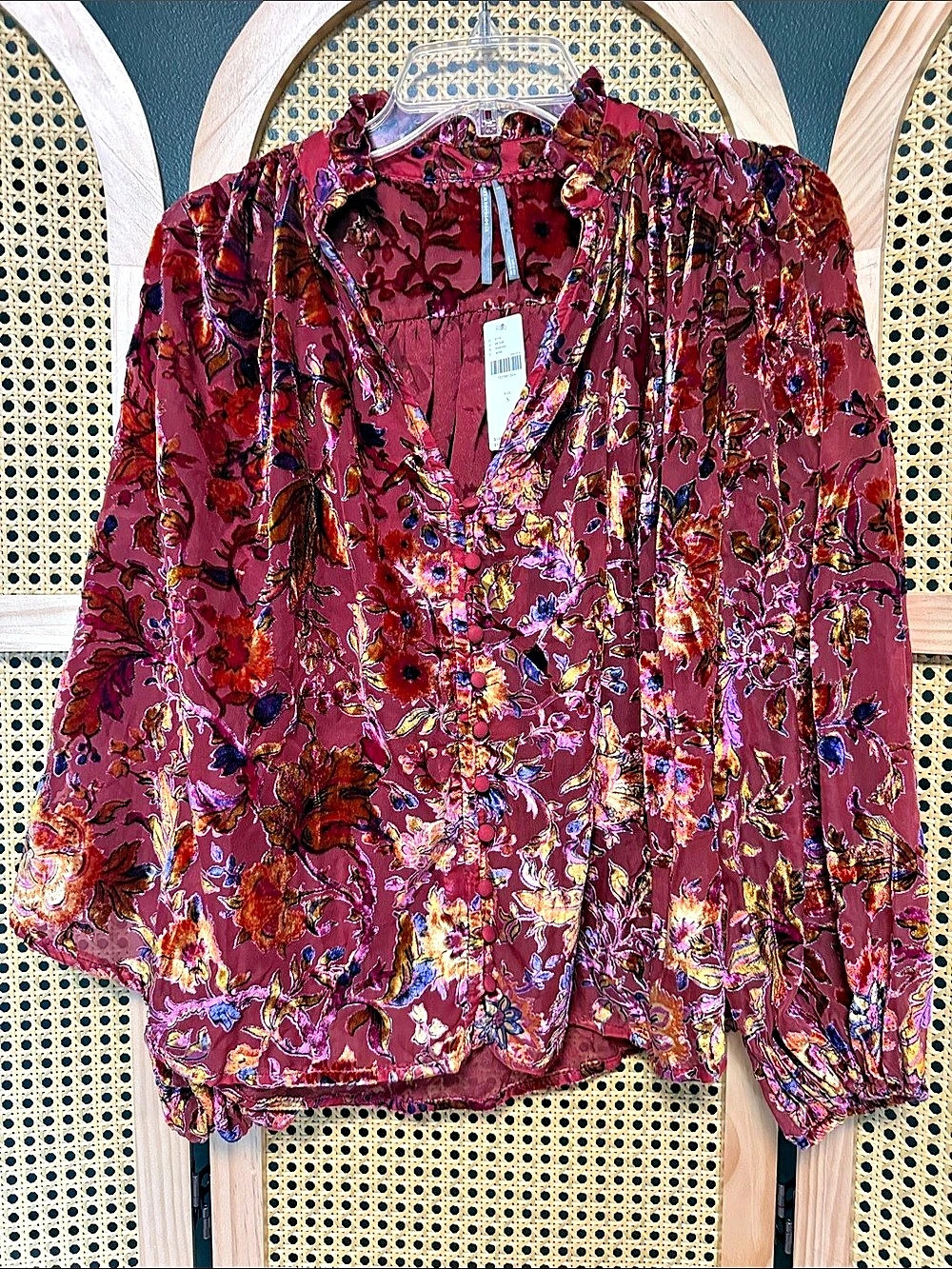 Pilcro Oversized Velvet Buttondown Top Floral Blouse Pink & Purple Small